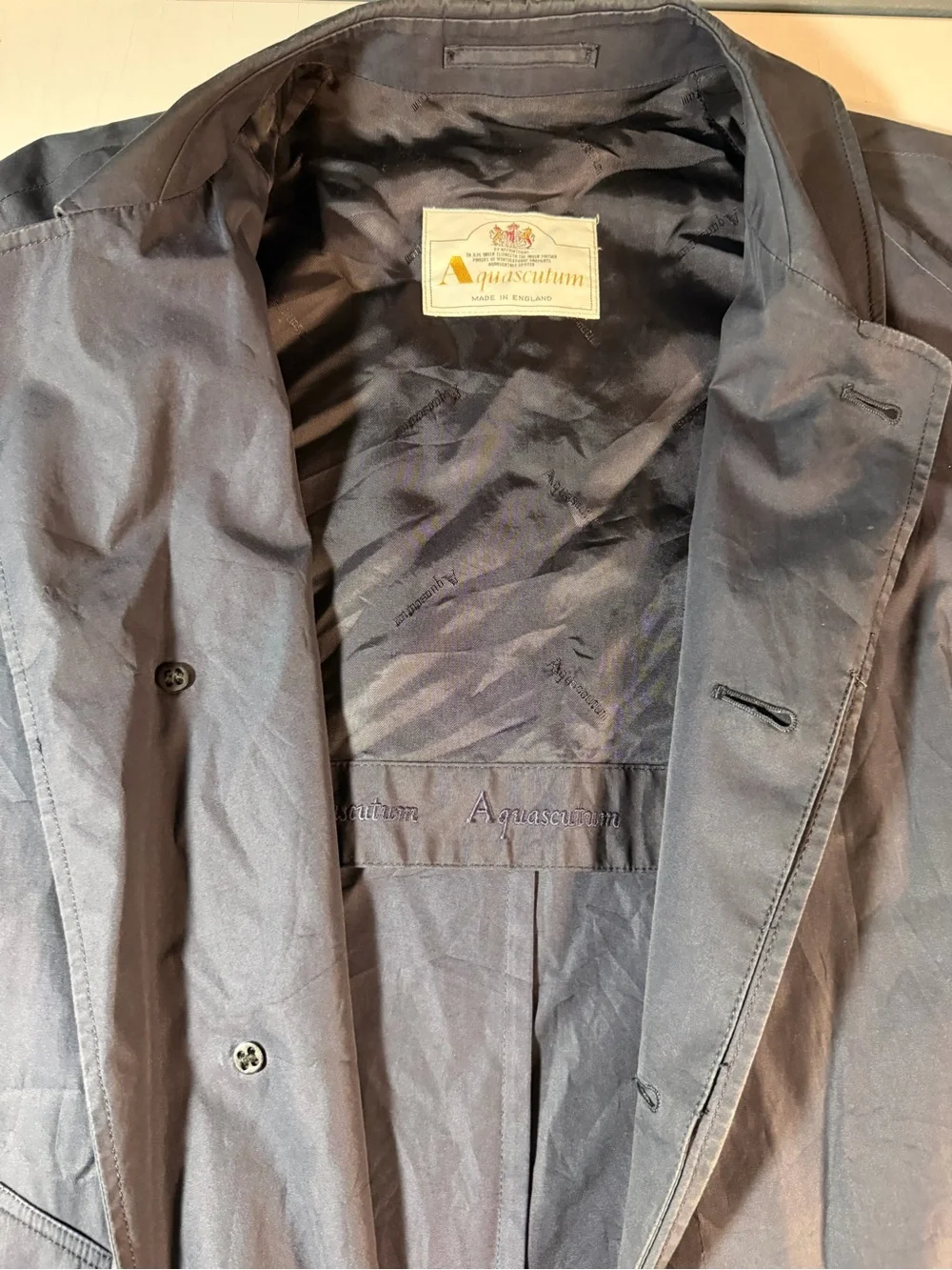 Vintage Aquascutum Aqua 5 Raincoat Dark Navy Mac Trench Coat England 42 L